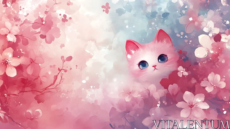 Whimsical Pink Cat Surrounded by Blooming Flowers.