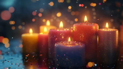 Glittering pillar candles glow amid blurred festive bokeh.
