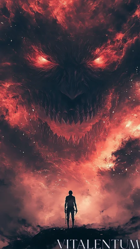 Lone hero facing a fiery cosmic monster in swirling smoke.