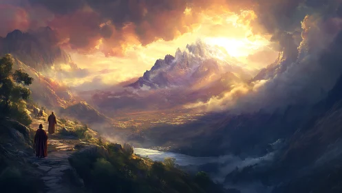 Monks walking toward radiant sunrise over mystic mountains.