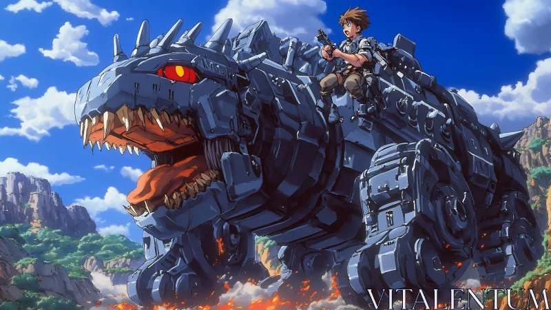 Mecha dinosaur assault tank with armed rider in rocky canyon