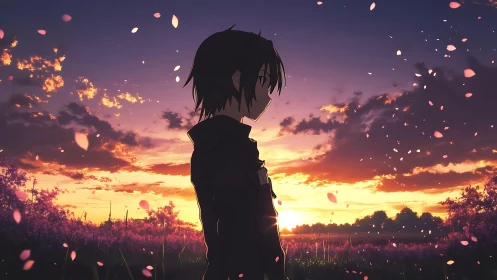 Solitary anime figure in field under warm sunset sky.