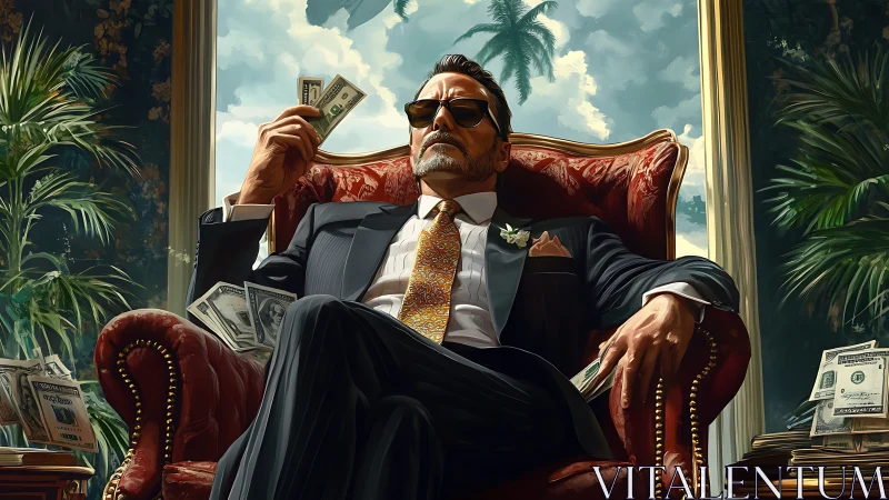 Powerful tycoon in ornate armchair amid scattered cash bundles