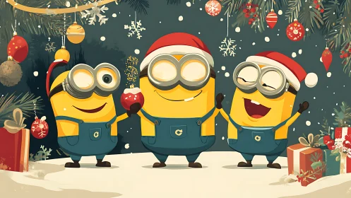 Cartoon yellow helpers celebrating festive winter holiday