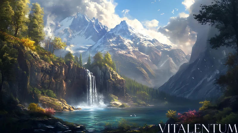 Digital painting of alpine lake, cascading falls, and peaks.