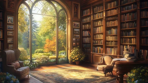 Sunlit library sanctuary opening into a story-drenched garden.