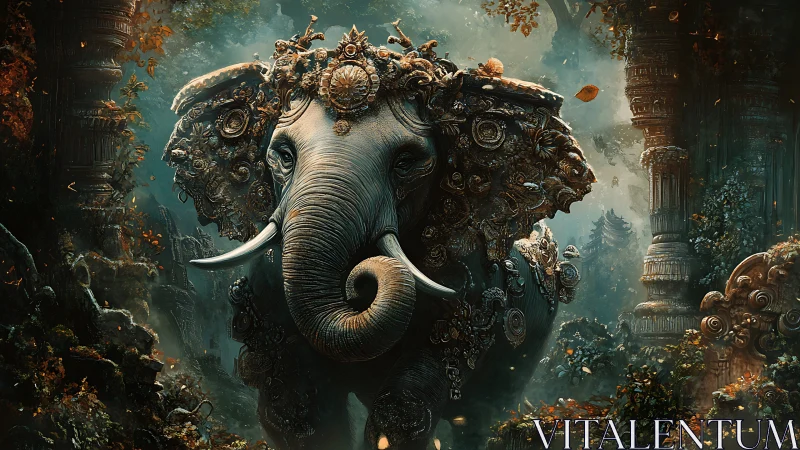 Elephant with ornate metallic armor stands in dense ruins