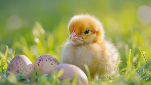 Fluffy yellow chick resting beside speckled eggs outdoors.