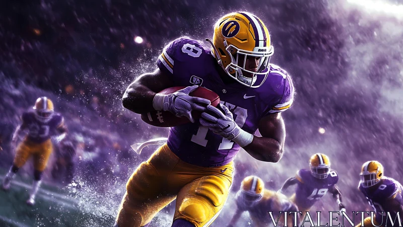 Football player runs with ball on rainy illuminated field