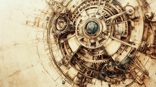 Steampunk chronometric engine with radial brass cogs.