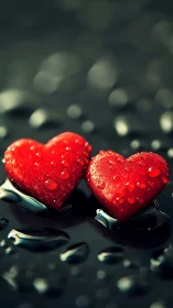 Twin Scarlet Hearts Glistening with Dewdrops of Romance.