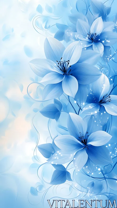 Blue Botanical Flowers with Luminescent Sparkle Effects.