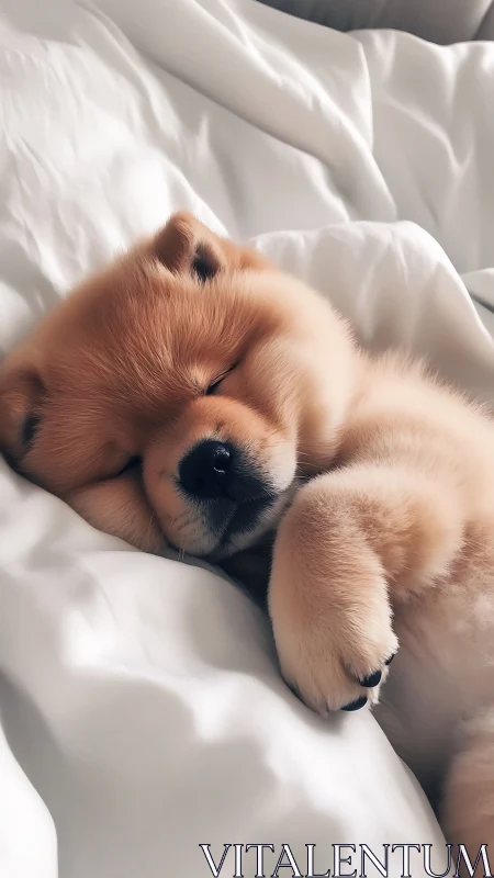 Sleepy chow chow puppy naps softly on white bed linens