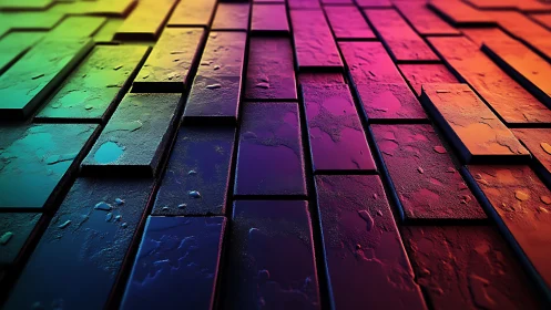 Iridescent wet tiles form geometric gradient surface design.