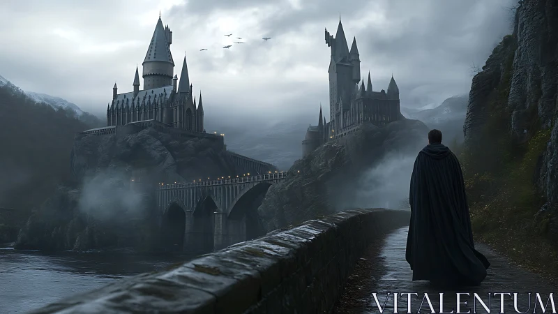 Shrouded wanderer approaching misty cliffside fortress at dusk.