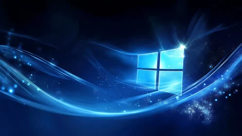 Luminescent window logo drifting through cosmic blue currents.