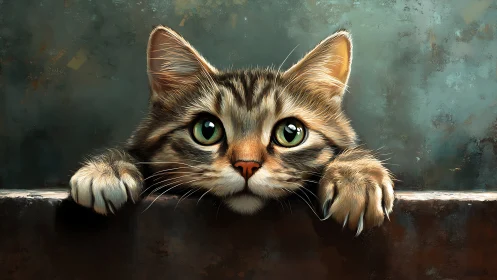 Tabby Cat Staring Over Weathered Surface.