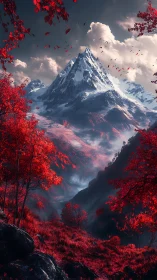 Snow-covered mountain above valley with red foliage landscape.