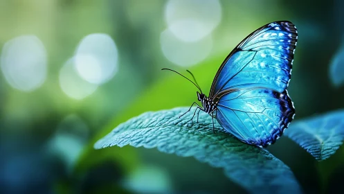 Blue morpho butterfly resting on leaf in soft bokeh light.