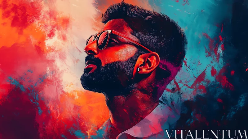 Vibrant digital portrait merges warm and cool chromatic fields