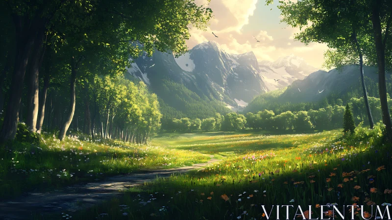 Alpine Valley Landscape with Mountainous Terrain and Evergreen Forest.