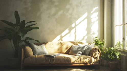 Sunlit cozy sofa corner with plants and gentle morning calm.