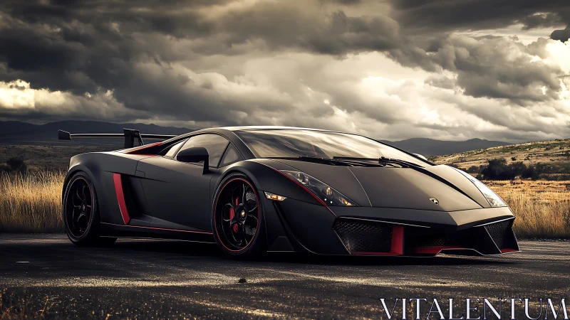 Matte black supercar stands on open road under storm clouds