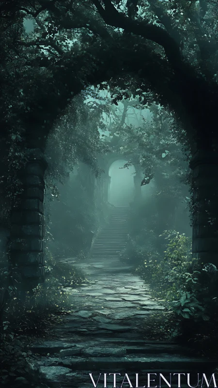 Stone archway and forest stair path in diffuse green light.