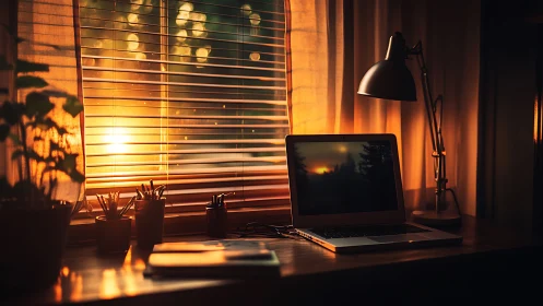Warm sunset home office desk with laptop and lamplight.