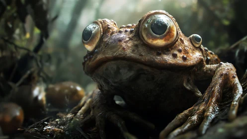 Giant fantasy toad rests alert in a misty forest floor glade