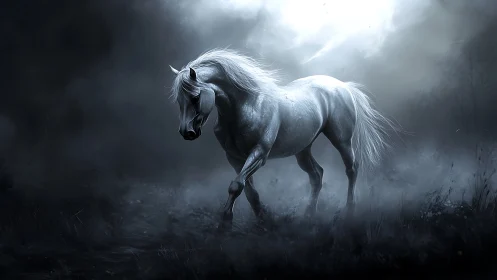 Moonlit phantom stallion walks through whispering silver fog.