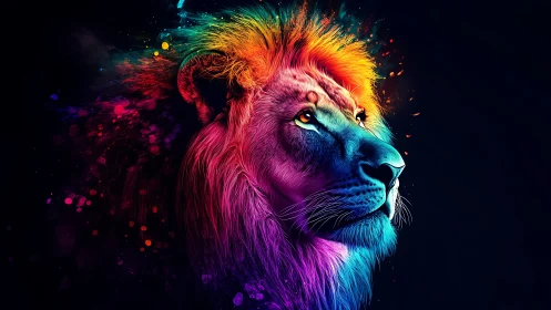 Multicolored digital lion portrait on dark background.