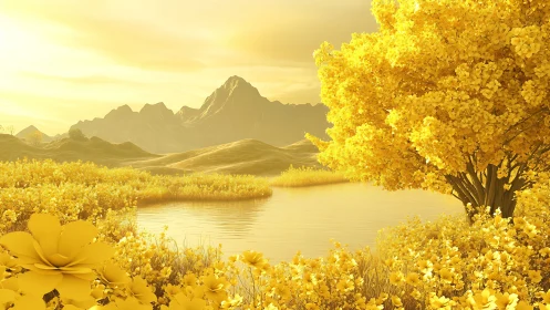 Yellow tree and flowers surround reflective mountain lake