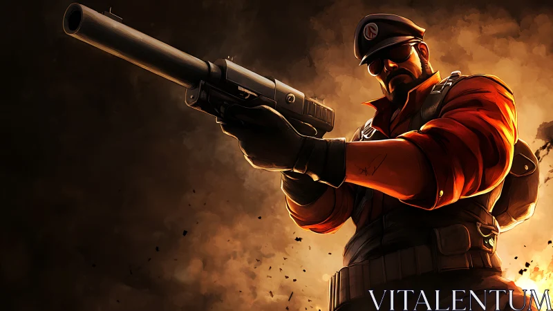 Tactical marksman aiming silenced pistol in dramatic backlight