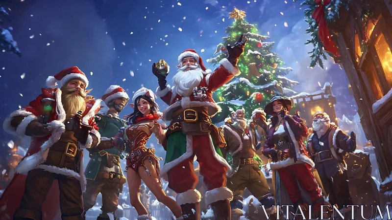 Roguish Santas rally under a blazing festive battle tree.