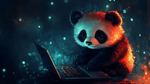 Cute digital panda using laptop in neon night glow.
