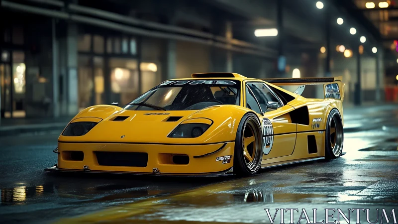 Widebody yellow race car on wet urban street at night