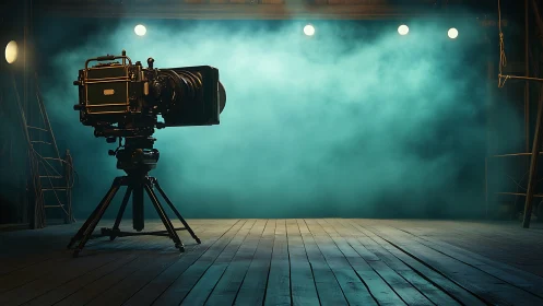 Vintage studio camera stands on tripod in smoky stage light