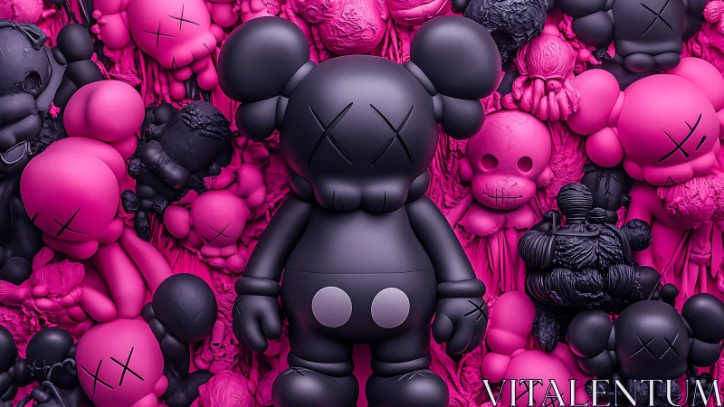 Matte vinyl figurine swarm in magenta-black sculptural cavity.