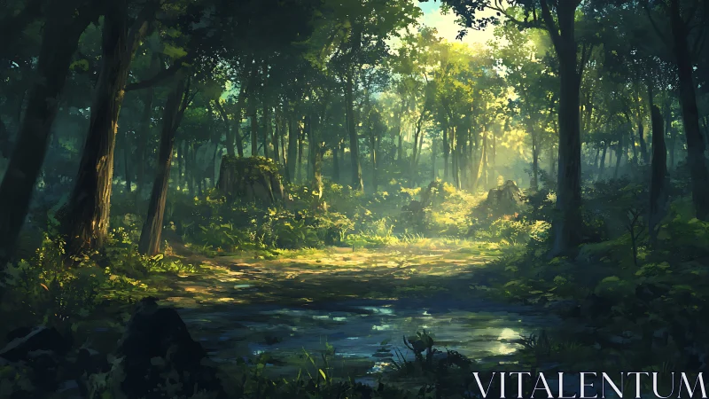 Sunlit Forest Stream: Nature's Golden Hour.