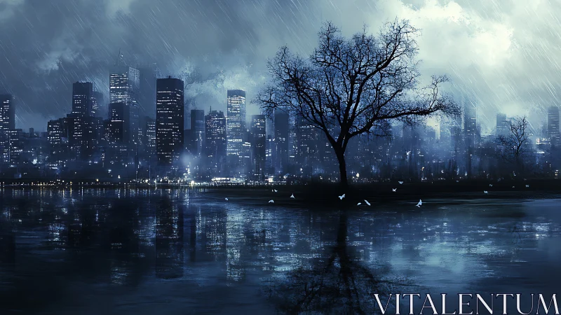 Rain-soaked skyline contrasts silhouetted tree and reflective water