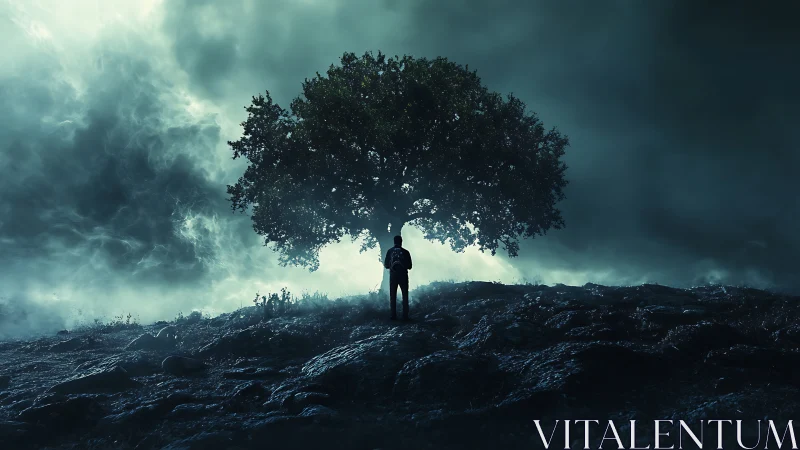 Solitary figure stands beneath isolated tree in storm haze