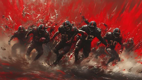 American football players charge through explosive red mist