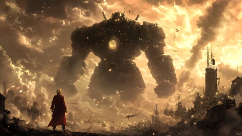 Solitary figure faces large mechanical colossus in ruins