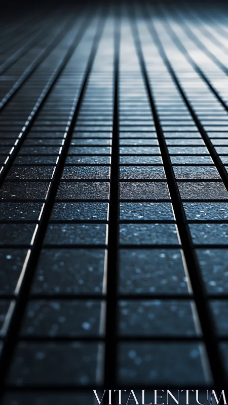 Dark metallic grid tiles extend into dramatic vanishing depth.