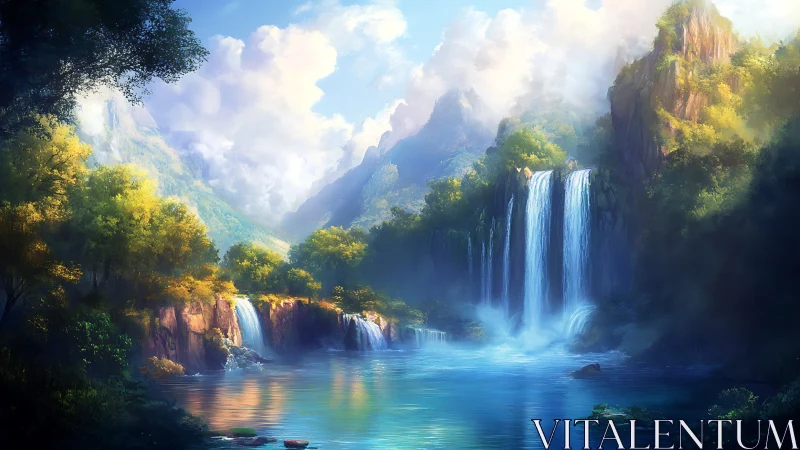 Softly glowing waterfall valley wrapped in morning mist.