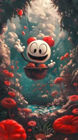 Spherical mascot hovering above bioluminescent forest pool.