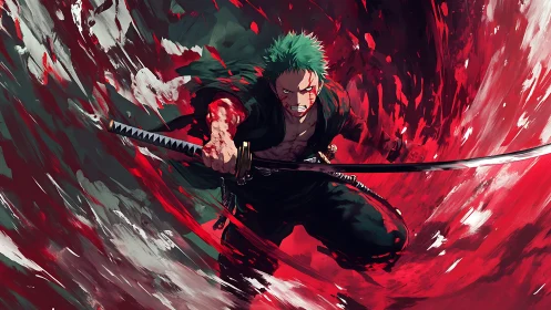 Green-haired swordsman unleashes crimson vortex of power.