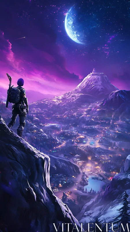 Starlit explorer gazes over a glowing futuristic valley