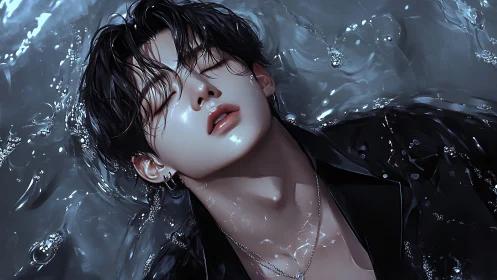 Male figure in water with wet hair and reflective surface.